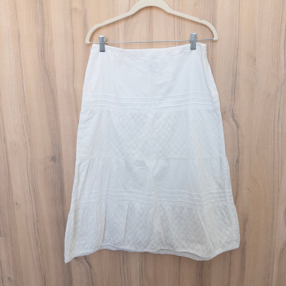 Loft Womens Eyelet Tiered Midi Skirt 10 White Cotton Boho Cottage Summer Coastal